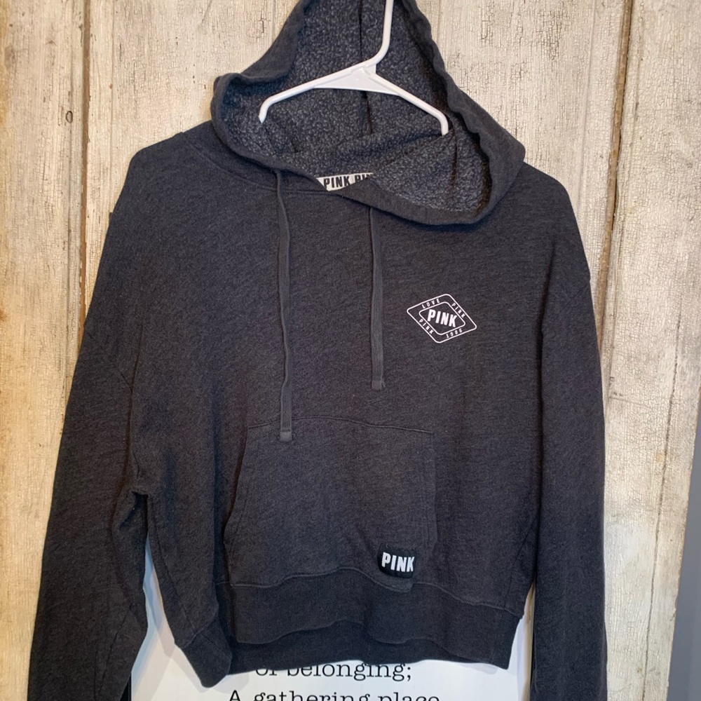 Dark gray hoodie size medium pink Victoria’s Secret sweatshirt cropped